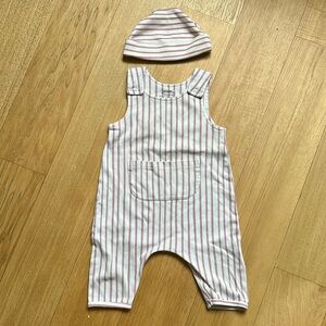 6-12m Pehr overalls and hat pink and white stripe